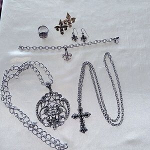 Fleur De Lis Filigree Jewelry Lot 2-Necklaces 2-Pair Earrings 1-Ring 1-Bracelet